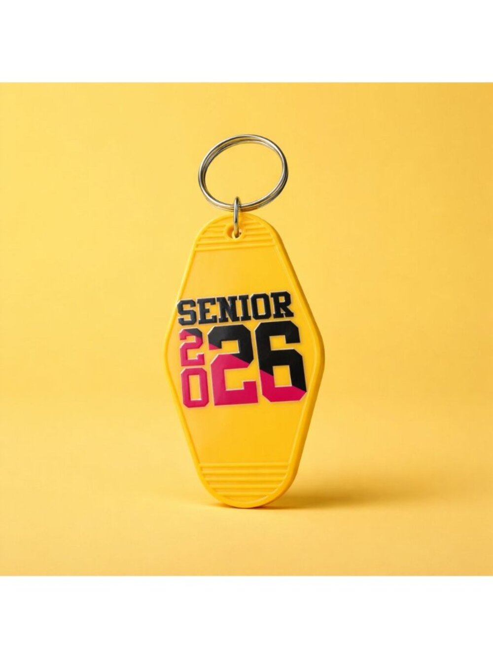 Senior Class Of 2026 Yellow Plastic Keychain With Bold Black & Pink Text
